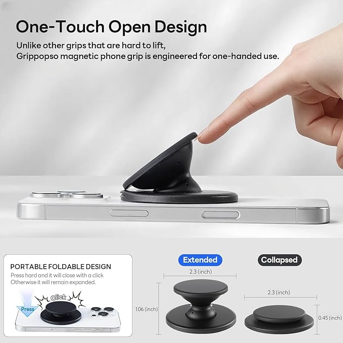 for MagSafe Phone Grip, Magnetic Phone Grip Holder Built-in Phone Stand, Magnetic Collapsible Expandible Mobile Phone Grip with Adjustable Kickstand for Portrait or Landscape, Black