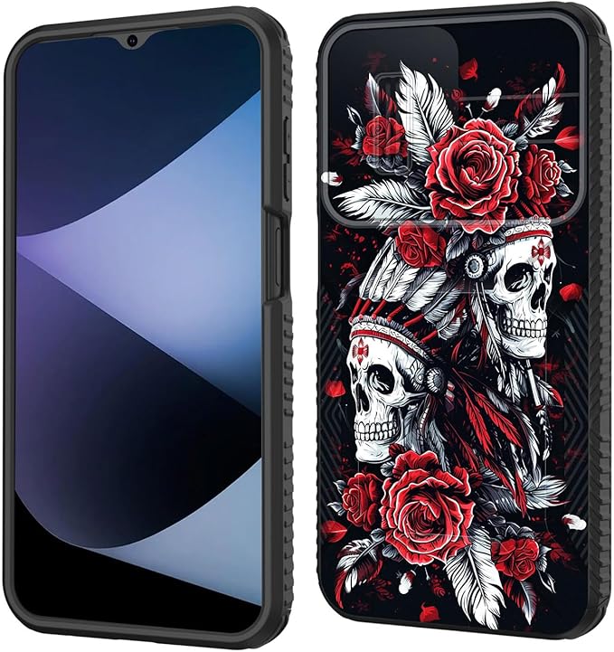 for Galaxy A15 5G Case Built in Slide Camera Lens Cover,Heavy Duty Shockproof Protection Dual Layer Case for Samsung Galaxy A15 5G 6.5 inch 2024,Skull Art with Feathers and Roses