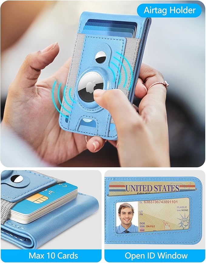 ExtreLife for Magsafe Wallet with Airtag Holder, Magnetic Wallet for iPhone 16/15/14/13/12 Series, 9-Card Holder, Open ID Window, Adjustable Stand, RFID Blocking, Light Sky Blue