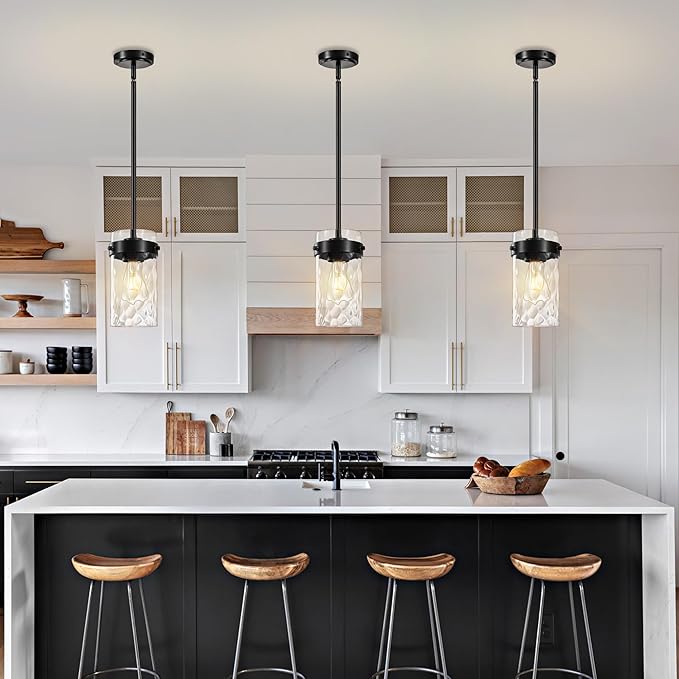 4.72" Hammered Glass Pendant Lighting for Kitchen Island 1 Pack, Modern Black Pendant Light Fixtures, Adjustable Ceiling Pendant Light for Kitchen Island Dining Room Bedroom Hallway