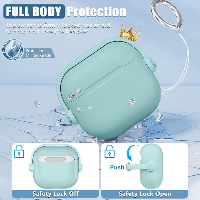 with Safety Lock for Airpods 4 Case, TPU Case for Apple Airpods 4 Case 2024 USB-C with Cleaner Kit, Drop Protection Airpods 4 Case Cover with Lock and Keychain, Mint Green