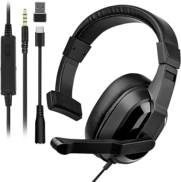 Joso Wired One Ear Headset with Mic, Single Ear Headset for PS5/PS4/Xbox/Switch/PC/iPad/Mac & Tablet with 3.5mm to Type C & USB-A Adapter - Chat Headphone, Office Business, Coach, Gaming, Remote Work