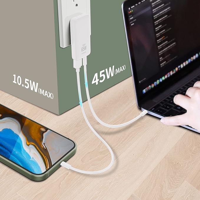 65W GaN USB C Charger,2 Port Flat USB Wall Charger,flodable Plug for Travel, with PD3.0&PPS for MacBook,Laptops,Tablets,for iPhone,iPad Pro,S22,XPS