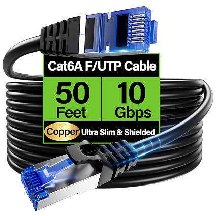 Cat6A Ethernet Cable Shielded 10Gbps 50 ft, Slim Shielded (F/UTP) Ethernet Cable Cat 6, Flexible 28AWG Bare Copper Cat6 Cable, Space-Saving Cat 6a Network Cable for Server, Data Center, Black
