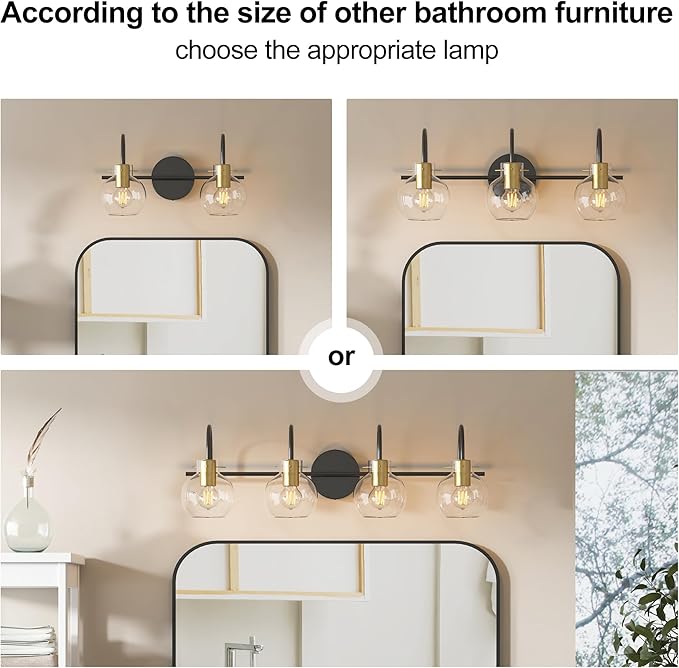 Modern Bathroom Vanity Light 2-Light Wall Sconce, Black & Gold Finish with Clear Glass Shades, Bathroom Light Fixtures Mirror Lighting for Kitchen, Bedroom, Hallway, – Easy Installation