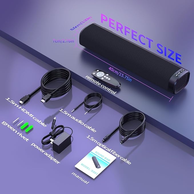 Sound Bar for Smart TV, Sound Bar, Bluetooth Sound bar, with Optical/AUX/HD ARC, Surround Sound Speakers, Surround Sound System for TV/PC/Gaming/Projectors, Wall Mountable PC Soundbar