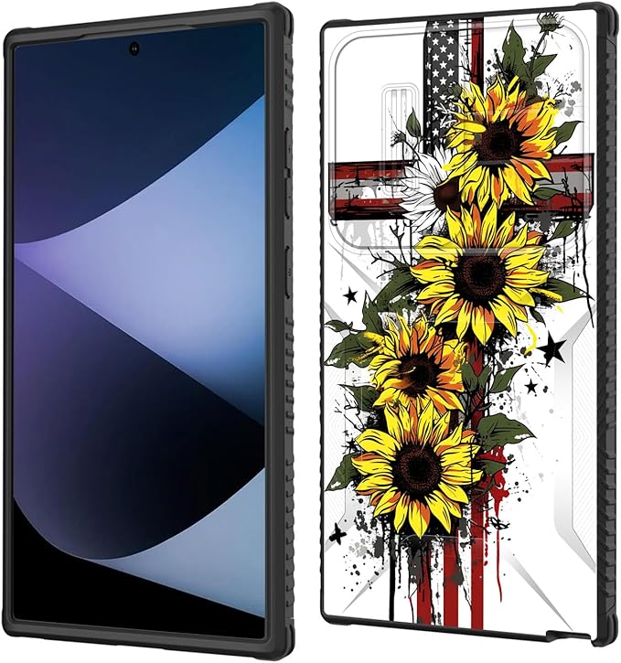 for Galaxy S24 Ultra Case Built in Slide Camera Lens Cover,Heavy Duty Shockproof Protection Dual Layer Case for Samsung Galaxy S24 Ultra 6.8" 2024,Cross American Flag Sunflower