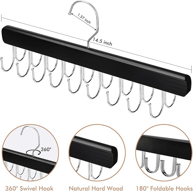2 Pack Bra Hanger for Closet Organizer, Premium Wooden Tank Top Hangers with 40 Foldable Hooks, 360° Rotating Design, Space Saving Storage for Tank Tops, Bras, Scarves and More, Black