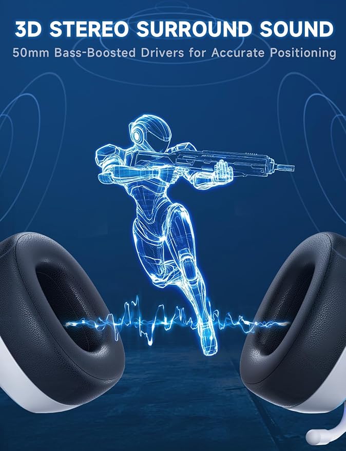 2.4GHz Wireless Gaming Headsets for PS5, PS4, PC, Switch - Bluetooth 5.3 Gaming Headphones with Noise Canceling Mic, 7.1 Surround Sound, 70H Battery, Blue Lighting - White