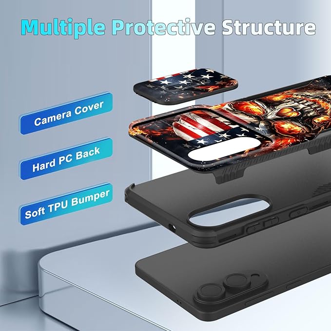 for Galaxy S25 Edge Case Built in Slide Camera Lens Cover,Heavy Duty Shockproof Protection Dual Layer Case for Samsung Galaxy S25 Edge 2025,American Flag Flame Skull