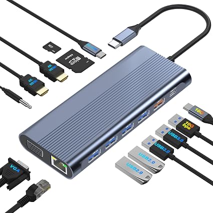 USB C Docking Station Dual Monitor for Dell/HP/Lenovo/Mac Laptop, Dual HDMI Adapter for 2 Monitors, 14 in 1 Laptop Docking Station Dual Monitor with 10Gbps USB/HDMI/VGA/PD/Ethernet/SD/TF/Audio/Mic - Image 4