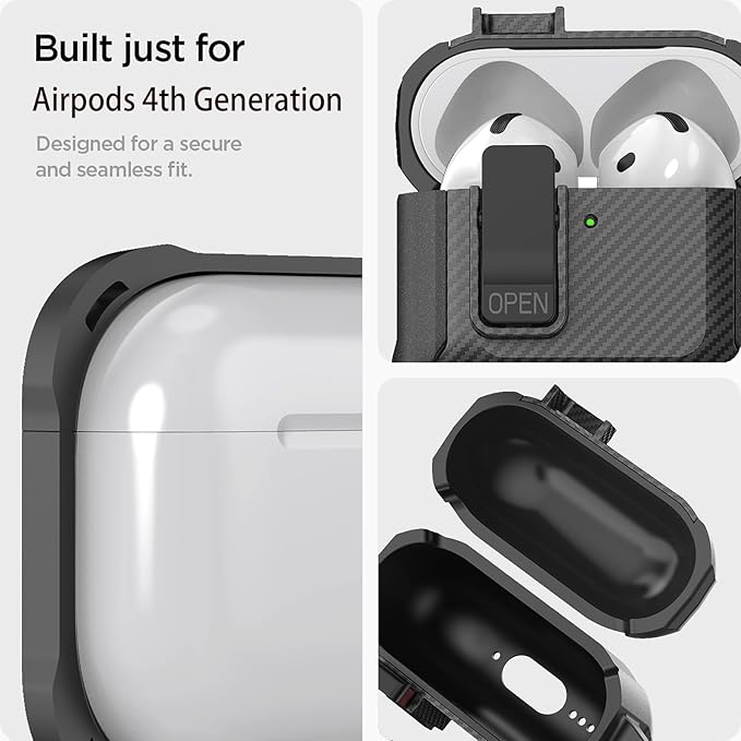 for Airpods 4 Case with Lock Clip, Rugged Apple Airpods 4th Generation Cover 2024 Men Women, Armor Shockproof iPod 4 Gen Protective Hard Shell with Carabiner&Cleaner kit,CF Black