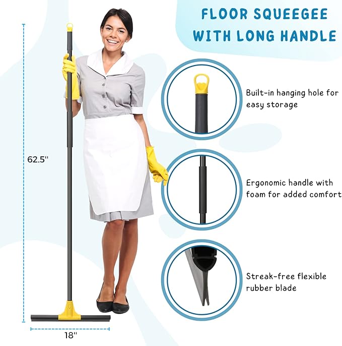Squeegee Broom for Floor, 18'' Rubber Squeegee with 60'' Long Handle for Bathroom Tile, Window Cleaner Tool for Home, 59.5'' Squeegee Kit for Glass, Car Windshield, Mirror, Shower Door Cleaning