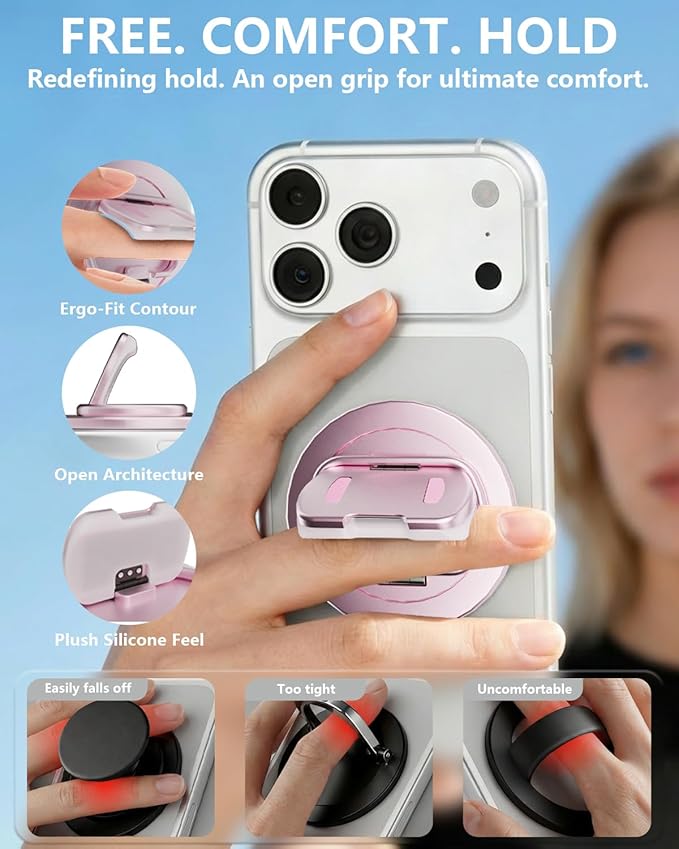 SEMBO Magnetic Phone Ring Holder with Kickstand for MagSafe, Two-Sided Magnet, 360° Rotation Comfortable Flip Out Silicone Plate Finger Grip Gym Accessories for iPhone 17 Pro Max 16 15 14 13(RoseGold)