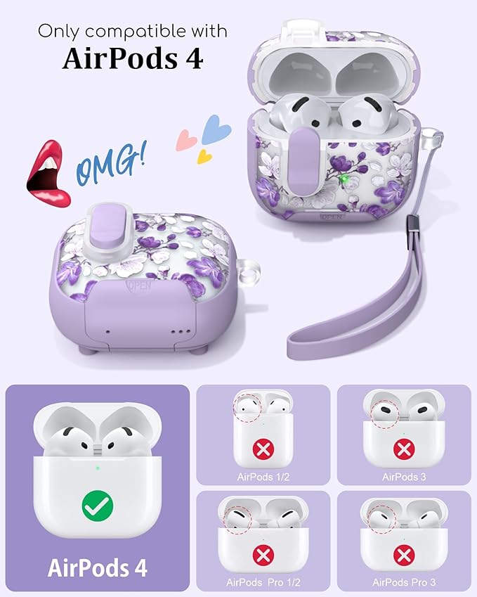 TATOFY for AirPods 4th Generation Case with Phone Stand Lanyard Lock Cleaning Kit, Compatible with Magsafe, Flowers Hard AirPod 4 Cover for Women (Purple, AirPods 4th)