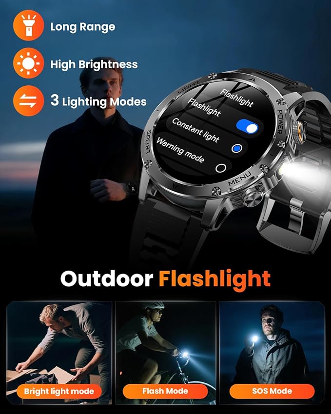 Military Smart Watches for Men, Smart Watch with 1000 mAh Battery/Answer/Dial Calls/Fitness Tracker/Flashlight/Heart Rate/Sleep Monitor/100+ Sports Mode, 1.7″ Waterproof Smartwatch for Android/iPhone