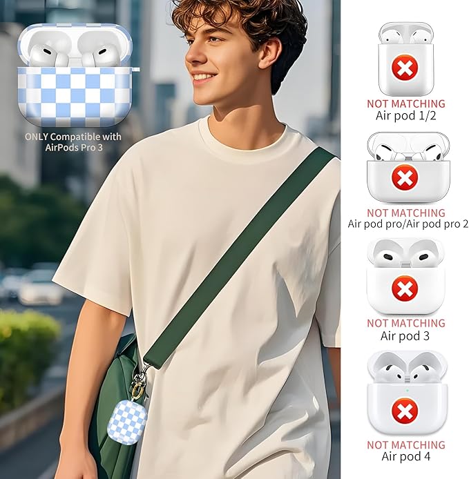 Compatible with AirPods Pro 3rd Generation 2025 Case Cover with Gold Keychain - Cute Protective Hard AirPod Pro 3 Cases for Women - Blue White Checkered