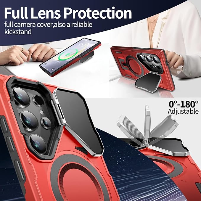 Camera Stand Case for Galaxy S25 Ultra, [Compatible with MagSafe][Lens Cover] 2024 Version Military Grade Protective Soft Case for Samsung Galaxy S25 Ultra 6.86" Men Women, Red