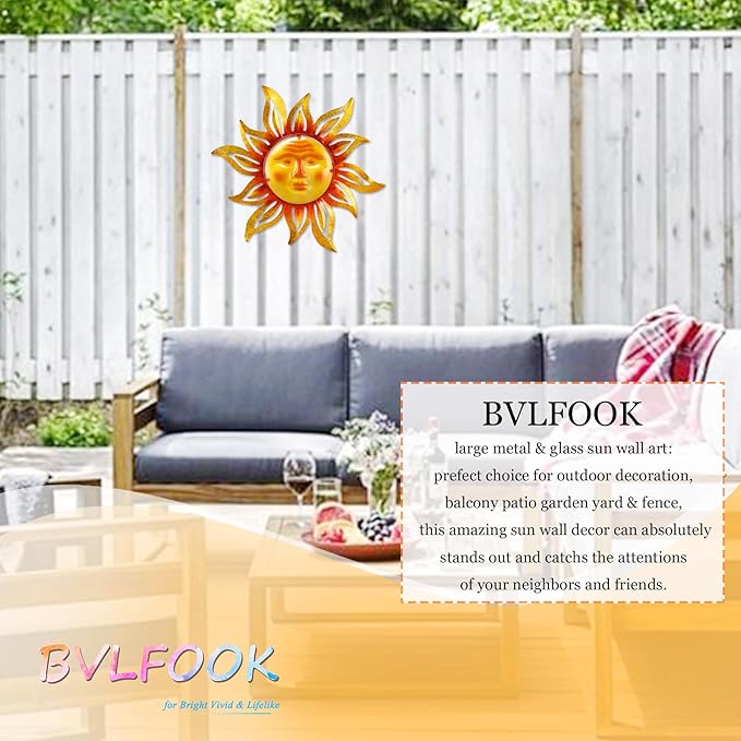 Metal Sun Outdoor Wall Art Decor Large 19 Inch, Hanging for Indoor Outdoor Patio Garden Fence Deck Yard Pool Wall Sculpture Decoration for Living Room Bedroom Colorful Unique