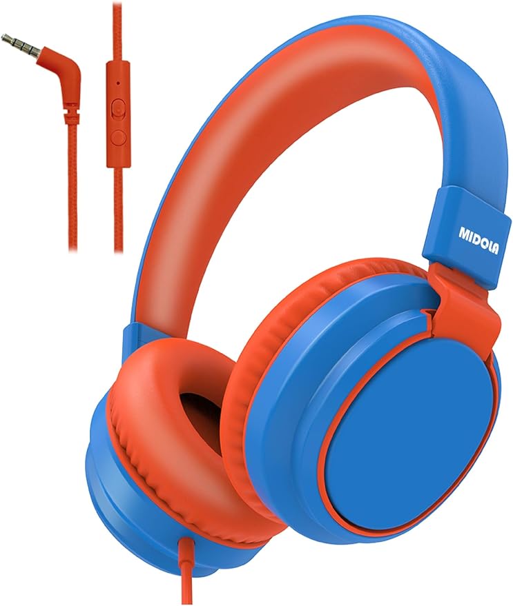 MIDOLA Kids Headphone Wired Volume Limited 85/94dB Over-Ear/On-Ear Foldable Headset with Microphone Hearing Protection Headphones for Toddler Boy Girl Child School Learning Pad Tablet Blue