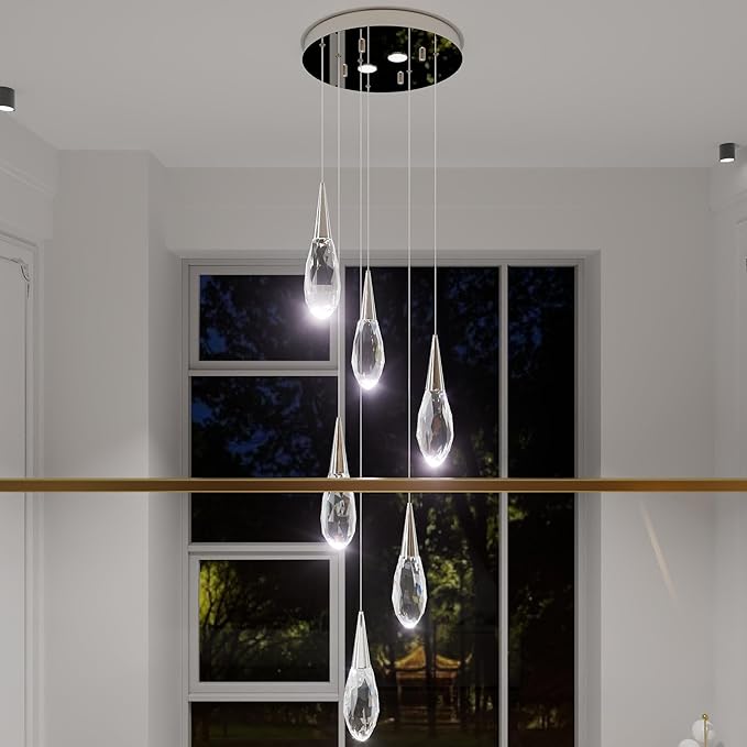 Modern Crystal Chandelier 6-Lights Pendant Chandeliers for Staircase Chrome Kitchen Pendant Light Fixture Hanging Lighting for Dining Room Living Room Bedroom Entryway