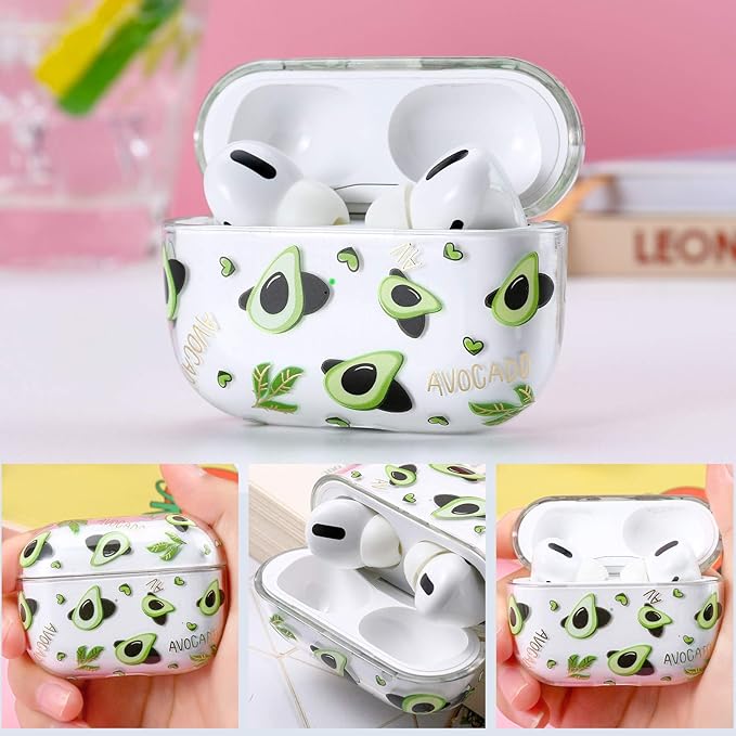 Airpods Pro Case Cover for Women,Compatible with Apple Airpods Pro Case Clear with Designs Patterns Airpods Pro Hard Case PC Shockproof [Front LED Visible ] Anti-Fall Full Protector, Avocado