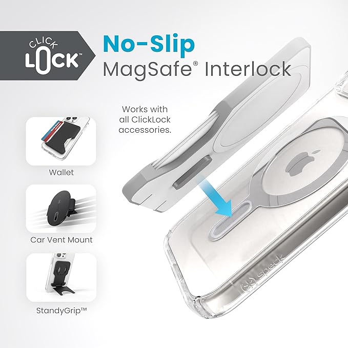 Speck Clear iPhone 17e,15 Case - ClickLock No-Slip Interlock, Built for MagSafe, Drop Protection - for iPhone 15, iPhone 14 & iPhone 13 - Anti-Yellowing 6.1 Inch Phone Case - Presidio Clear/Chrome