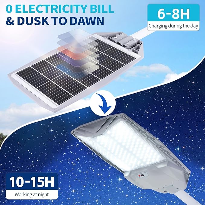 8000W Solar Street Light 6500K 800000LM – Auto On/Off Dusk to Dawn Solar Street Light, IP65 Waterproof, Motion Sensor for Outdoor Security, Suitable for Parking Lots, Backyards