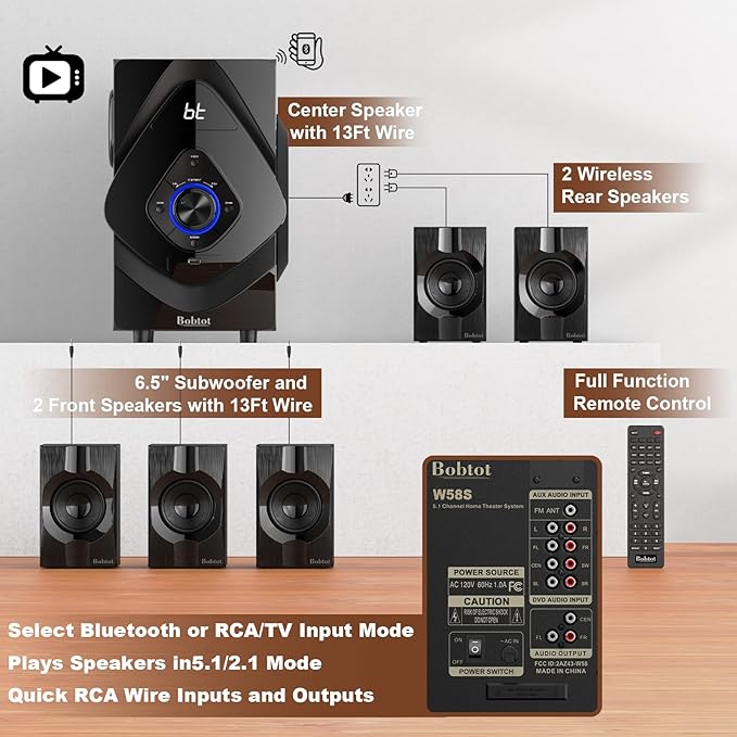 Bobtot Home Theater System Wireless Rear Satellite Speakers 800W 6.5 inch Subwoofer 5.1/2.1 Channel Surround Sound Systems with ARC Optical Bluetooth Input