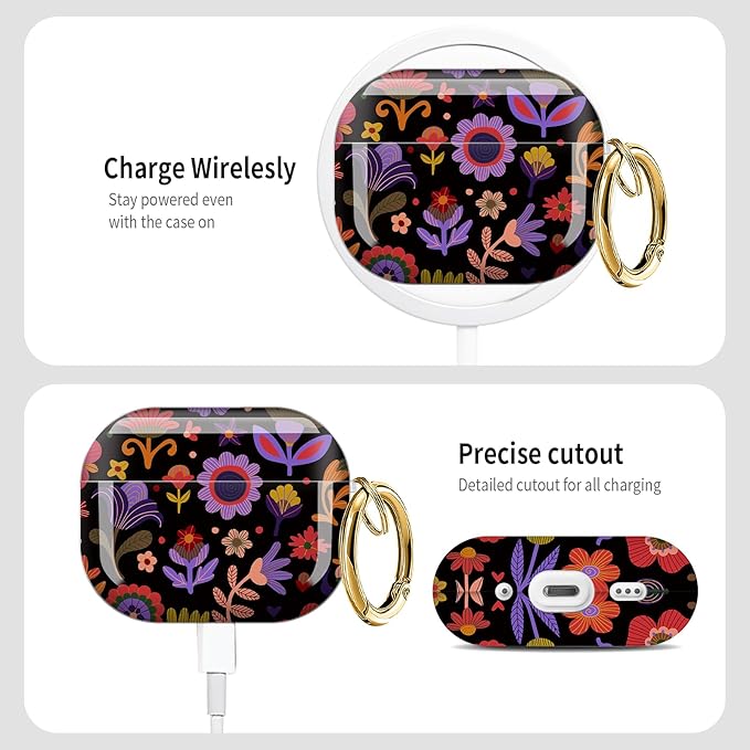 Cute Hard Case Compatible with AirPods Pro 3rd Generation Case (2025), Shockproof Protective Cover with Golden Keychain Ring Clip (Black Flower)