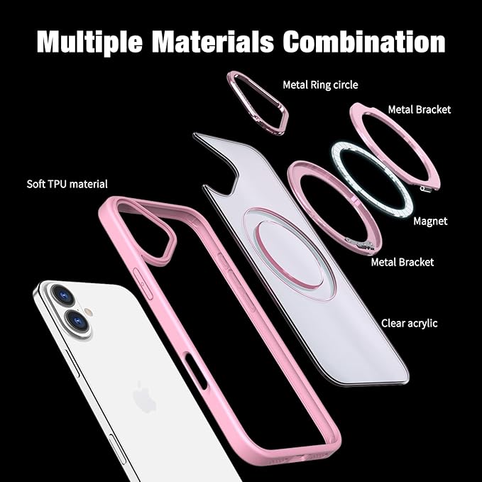 for iPhone 16 Case with Screen Protector & Lens Protector [15 FT Military Drop Protection] Magnetic Kickstand Compatible with MagSafe Slim Translucent Case (Sakura Pink)