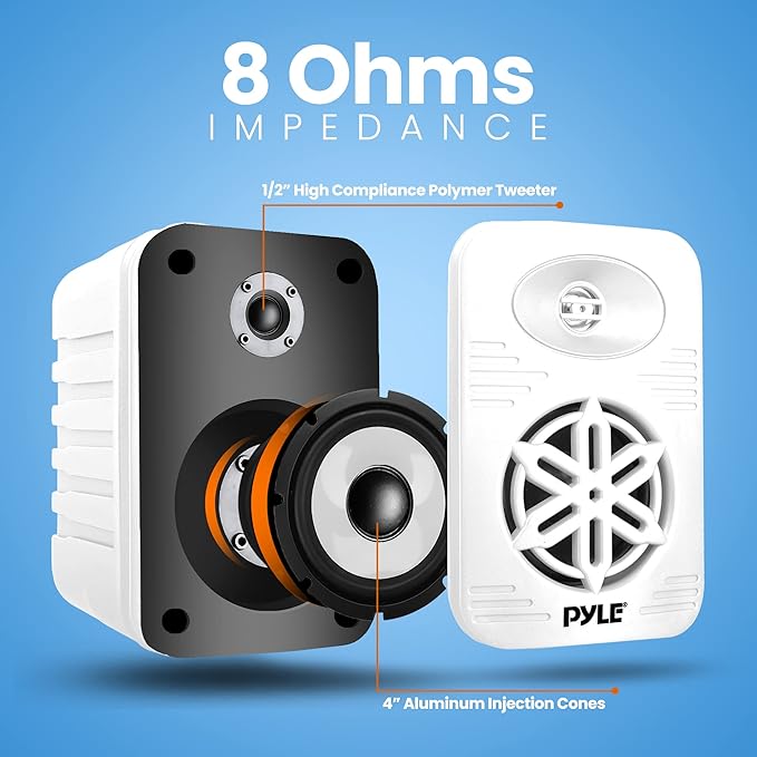 Pyle 4” Outdoor Speakers, 2-Way Bluetooth Waterproof Speaker System with Polymer Tweeter, Heavy-Duty ABS Build, Bluetooth Speakers with Wireless Streaming for Patio, Pool, Deck, or Boat, White, 2-Pack