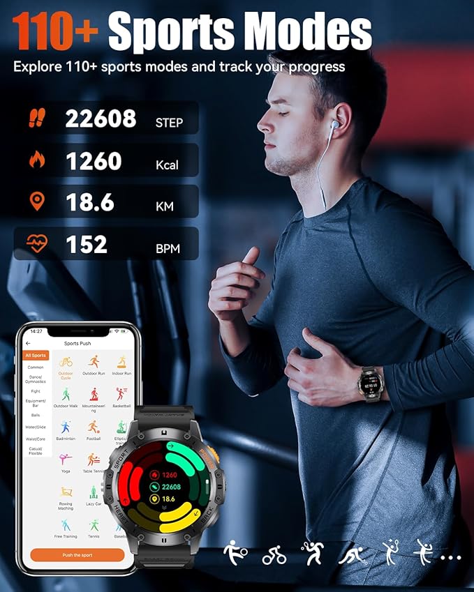 Military Smart Watches for Men with Bluetooth Call, 1.43" AMOLED Waterproof Smartwatch with Flashlight, 111 Sport Modes, 530mAh Heart Rate/Sleep Monitor for Android iOS