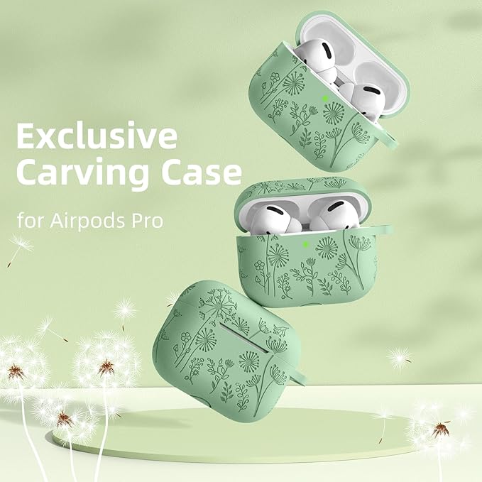 Lerobo Flower Engraved Cover for Airpod Pro 2 Case, Cute Silicone Skin Full Protective Cover Compatible with Apple Airpods Pro 2nd/1st Generation Case with Keychain