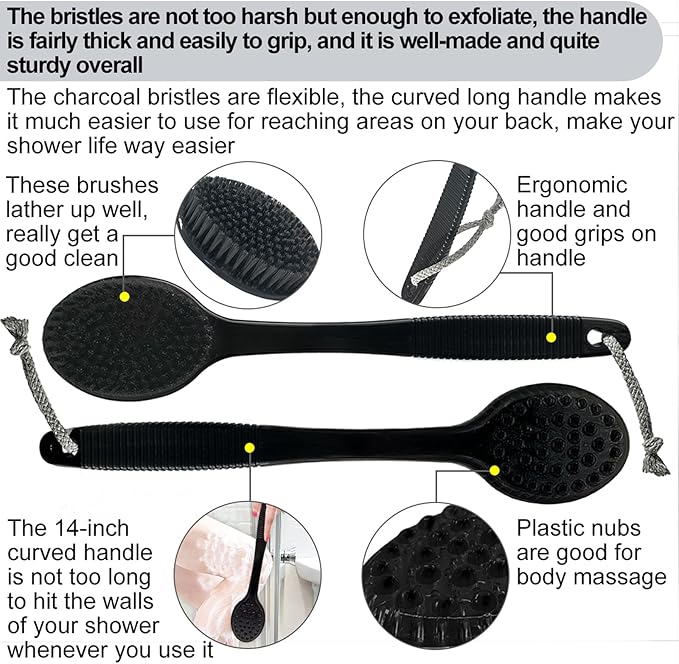 Back Bath Brush - Curved Long Handle Shower Brush with Medium Stiff Bristles for Cleaning and Exfoliating Body, Back Scrubber for Men & Women (Black + Pink 2 Pack)