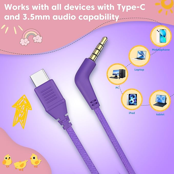Kids Headphones for School Travel, Upgrade USB Type C Safe Volume 94dB, with Mic HD Stereo Sound Foldable On-Ear Headphones for Boys/Girls/Students/Tablet/Travel Purple