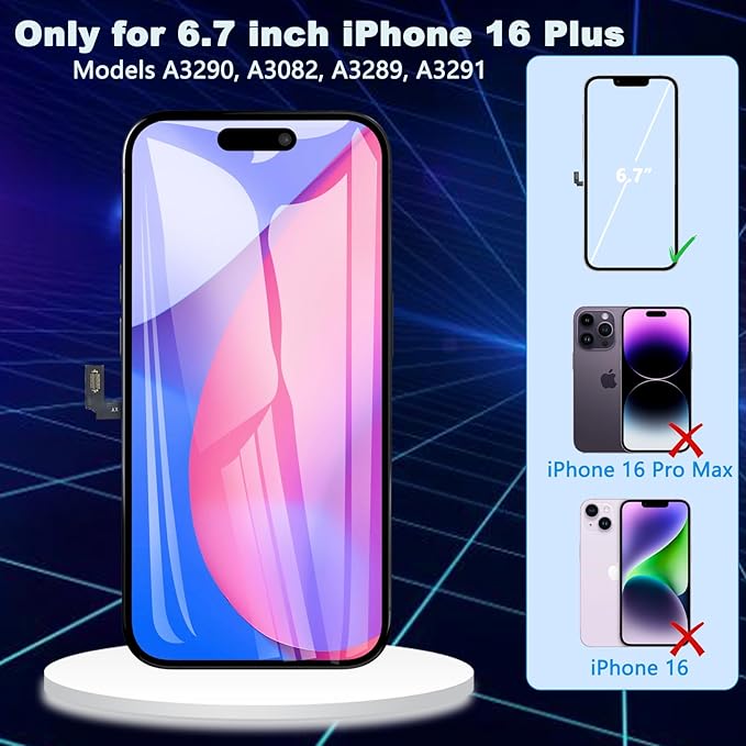 for iPhone 16 Plus Screen Replacement, 6.7 inch LCD Display 3D Touch Full HD Digitizer Frame Assembly, Compatible with A3290, A3082, A3289, A3291 Models, Repair Kit + Screen Tempered Protector
