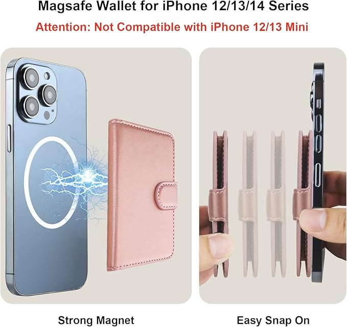 Bocasal for MagSafe Wallet Magnetic Card Holder, RFID Blocking Leather Card Slots for iPhone 17/16/15/14/13/12 Pro/Max/Plus/Air, Adjustable Kickstand Flip Mag Safe Wallet (Rose Gold)