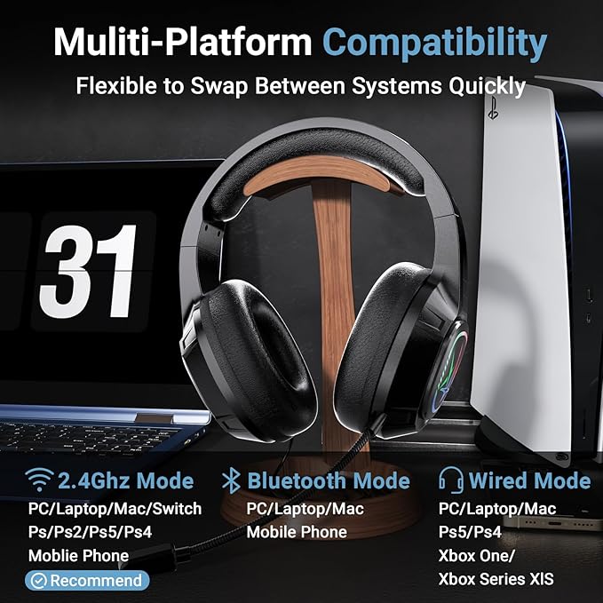 2.4GHz Wireless Gaming Headset for PC,Ps4, Ps5-Lossless Audio USB & Type-C,Wired Connection Supported,7.1 Surround Sound,40-Hour Battery, LED Light Over Bluetooth 5.3 Gaming Headphones-Black