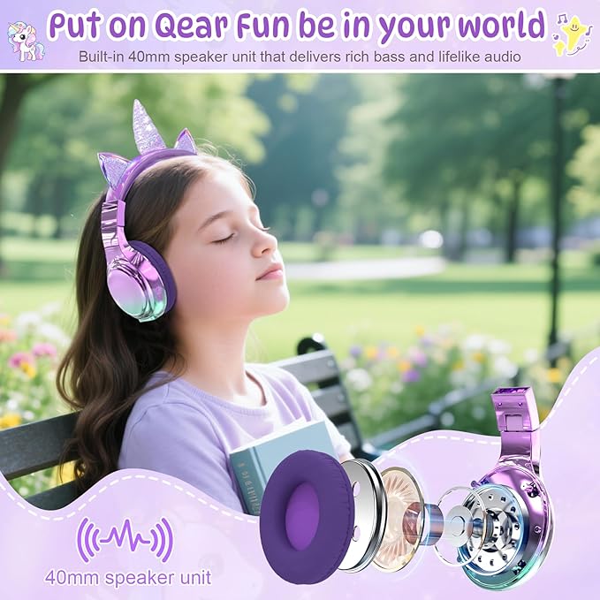 QearFun Kids Unicorn Bluetooth Headphones, 60H Playtime, 74/85/94dB Safe Volume Limit, Metallic Gradient Wireless Headset with Mic, Fast Charging, Foldable, Wired Mode for Girls School/Tablet/Travel