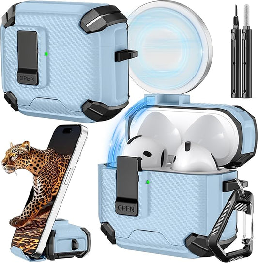 Inesore Compatible with AirPods 4th Case With Phone Stand & Cleaning Kit,Compatible with Magsafe,Magnetic Automatic Lock for Airpods 4 with Active Noise Cancellation Charging Cover (2024) (light blue)