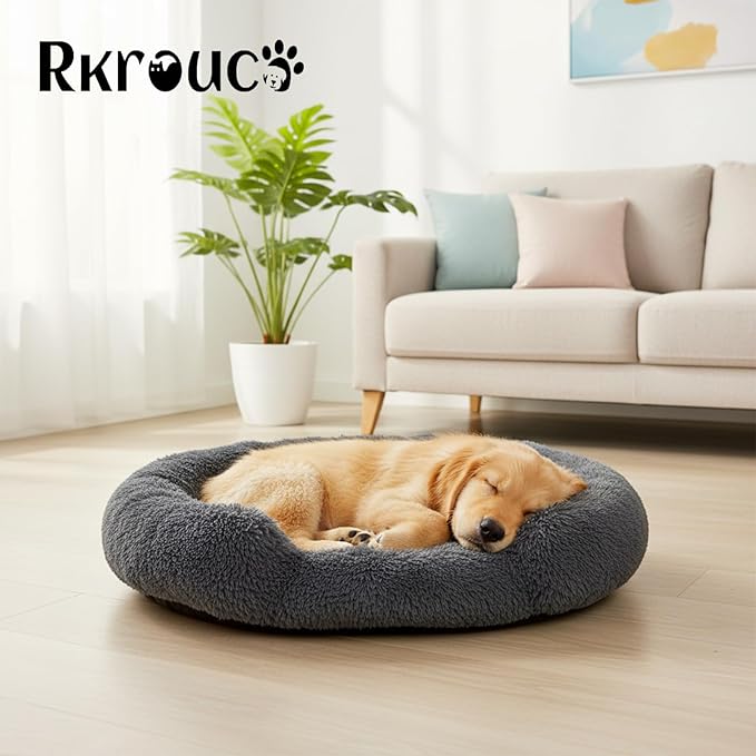 Fluffy Dog Bed Calming Donut Beds for Large Dogs Warming Round Small Medium Pet Nest Cozy Cat Mattress Indoor Washable Puppy Kennel Kittens Sleep Mat (S, 23.6×23.6 inch, Dark Gray)