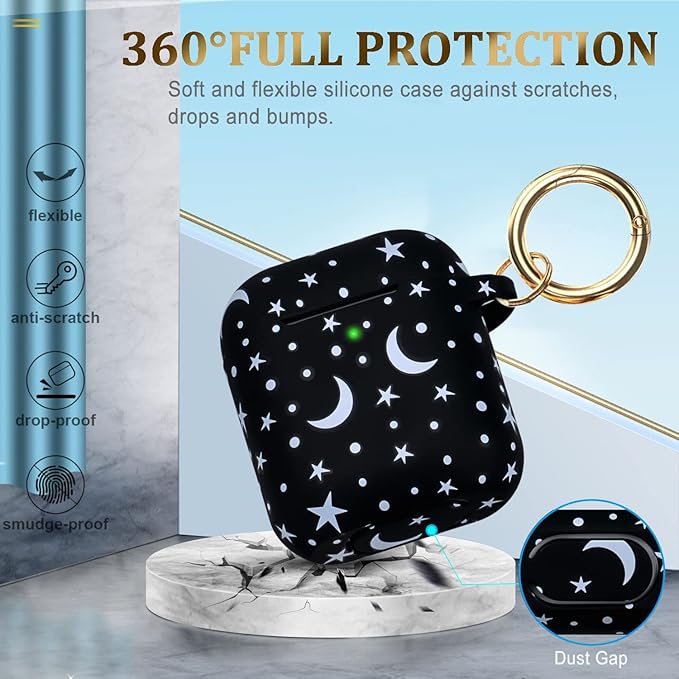Moon Star Silicone Case Compatible with Airpods Case, Gawnock Soft Earpod Case Cover Flexible Compatible with Airpods 2nd/1st Generation Floral Print Cover for Women Girls with Keychain - Moon/Star