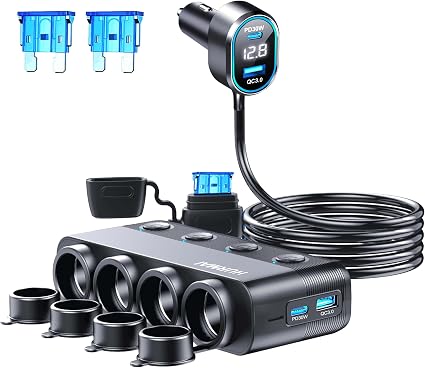 8-in-1 Cigarette Lighter Adapter 264W 4 Socket USB C Car Charger