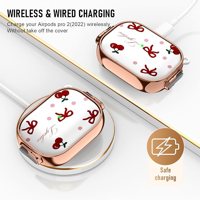 Maxjoy for Cute Airpods Pro 2 case with Safety Lock,Compatible Airpods Pro Case 2nd/1st Gen,Compatible Red Bow Cherry AirPods Case Cover for Women Girly with Keychain-Transparent