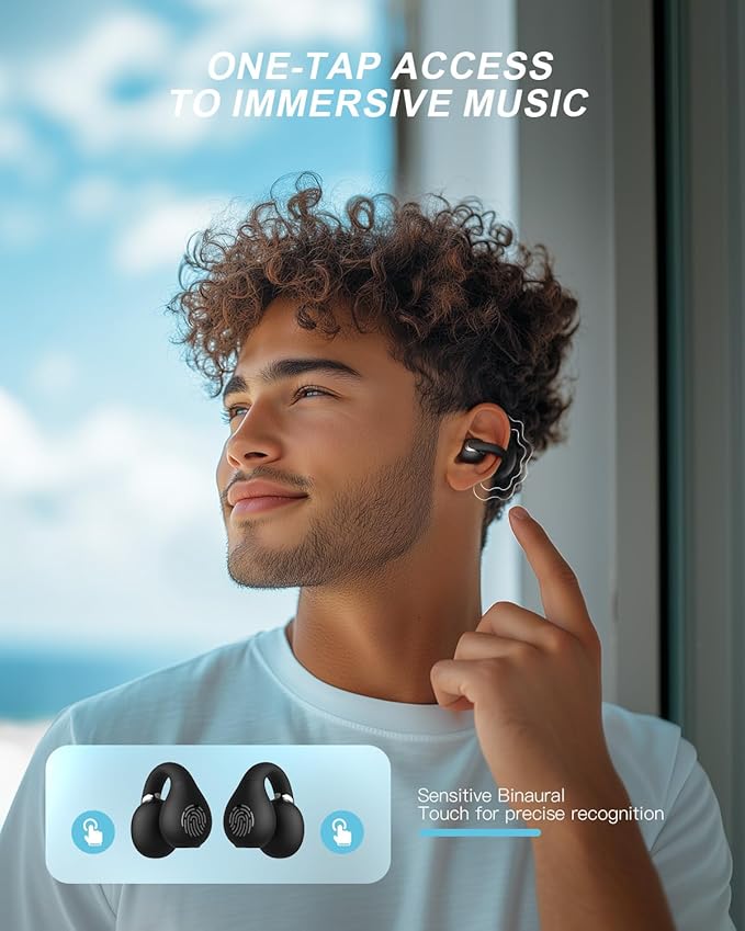 Open Ear Clip Wireless Earbuds Bluetooth 5.4, Lightweight Comfort Sports Bone Conduction Headphones Built-in Mic for Clear Audio, Stable Fit Earphones 24H Play-Black