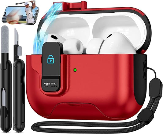 Compatible with AirPods Pro 3 2025 Case with Phone Stand & Cleaning Kit,Magnetic Automatic Lock Design Cover for Air pods Pro 3rd- (Red)