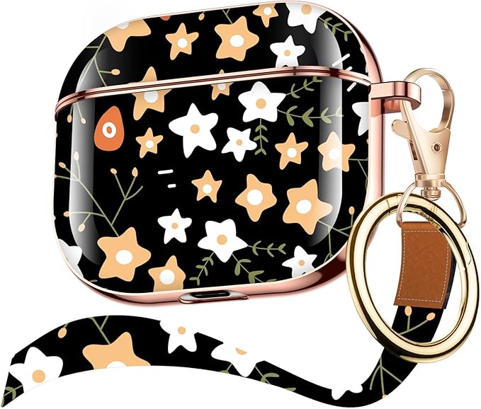 Maxjoy for AirPods 3rd Generation Case, Unique Design Hard Protective Shockproof Airpods 3 Cover with Keychain, Compatible with Apple AirPods 3rd Charging Case, Black Star Flowers Lanyard