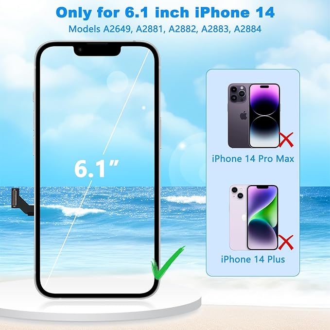 for iPhone 14 Screen Replacement Black, LCD Touch Digitizer Complete Display for A1864,A1897,A1898,with Waterproof Seal+Tempered Glass+Repair Tools