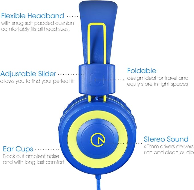 noot products Kids Headphones with Microphone K12 Stereo 5ft Long Cord with 85dB/94dB Volume Limit Wired On-Ear Headset for iPad/Amazon Kindle,Fire/Toddler/Boys/Girls/School(Blue/Lime)